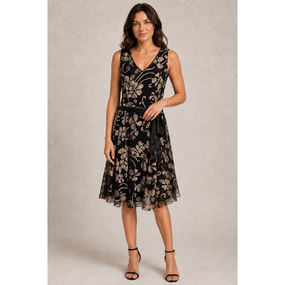 Alex Marie Women's 14 Black Beige Floral Sleeveless Belted Career party Cocktail